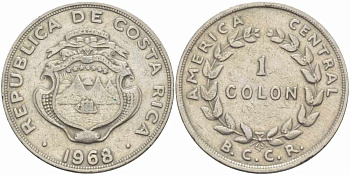 КОСТА-РИКА 1 КОЛОН 1968 P, В.С.С.R., ПАРУСНИК KM 186.2 медно-никель 111-311
