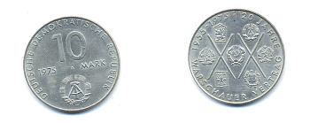 ГДР 10 марок 1975 А, 20 лет Варшавскому договору KM 58, J. 1557 медно-никель UNC 3333-114