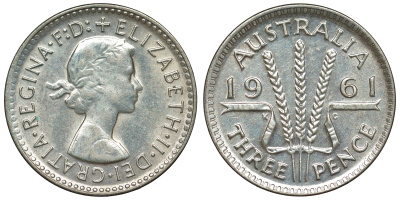 Австралия 3 пенса 1961 m, Елизавета II (1952-2022) KM 57 серебро 71-666