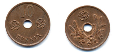 ФИНЛЯНДИЯ 10 ПЕННИ 1942 KM 33.1 медь 51-5018