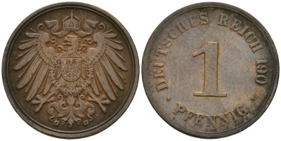 Германия 1 пфенниг 1900 G, Вильгельм II (1888-1918) KM 10, J. 10 медь 4608-224