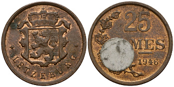 Люксембург 25 сантимов 1946 Шарлотта (1918-1964) KM 45 бронза 4115-141