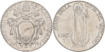 Ватикан 1 лира 1941 Пий XII, Дева Мария KM 26 a сталь UNC 63-716