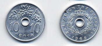 Греция 10 лепта 1969 Константин II (1964-1973), виноградная гроздь KM 78 алюминий UNC 41-741