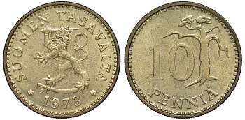 ФИНЛЯНДИЯ 10 ПЕННИ 1973 S KM 46 алюминиевая бронза 3334-1129