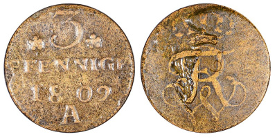 Пруссия 3 пфеннига 1802 A, в лаке KM 374, Jaeger 3a медь 3458-528