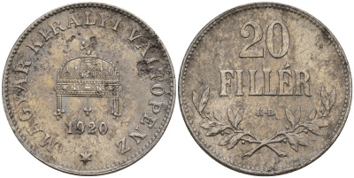 Венгрия 20 филлеров 1920 КВ, Карл I (1916-1918), редкий год KM 498 железо 4151-1029