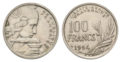 Франция 100 франков 1954 KM 919.1 медно-никель 4660-326
