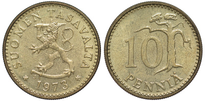 ФИНЛЯНДИЯ 10 ПЕННИ 1973 S KM 46 алюминиевая бронза 3334-1129