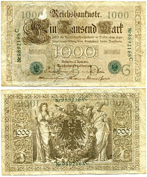 ГЕРМАНИЯ 1000 МАРОК 1910 ЗЕЛЕНАЯ ПЕЧАТЬ, 7 ЦИФР В НОМЕРЕ Pick 45b бумага 2192-32-1