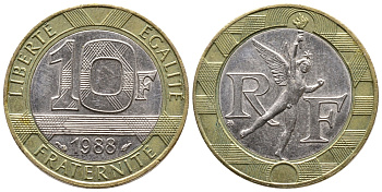 Франция 10 франков 1988 тип Гений Бастилии KM 964.1, Le Frank 375.2 биметалл 83-1952