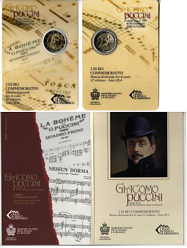 Сан-Марино 2 евро 2014 90 лет со дня смерти Джакомо Пуччини, в оригинальном буклете KM 295 биметалл UNC 8-2-01-13