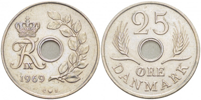 Дания 25 эре 1969 С;S, Фредерик IX (1947-1972) KM 855 медно-никель UNC 3996-932