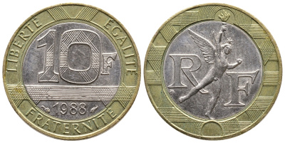 Франция 10 франков 1988 тип Гений Бастилии KM 964.1, Le Frank 375.2 биметалл 83-1952