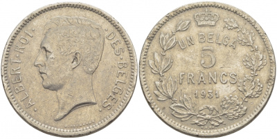 БЕЛЬГИЯ 5 ФРАНКОВ 1931 BELGES KM 97.1 никель 114-842