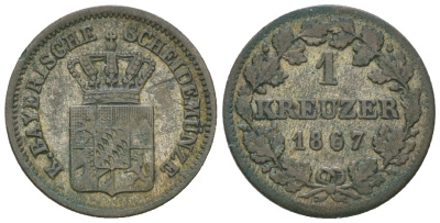 Бавария 1 крейцер 1867 Людвиг II (1864-1886) KM 873, AKS 183 серебро 54-827