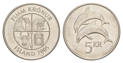 Исландия 5 крон 2005 дельфины KM 28a сталь плакированная никелем UNC 4635-133