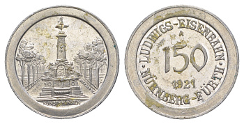 Нюрнберг - Фюрт 150 пфеннигов 1921 юбилейный жетон железной дороги - художественный фонтан Men05 19217.2, Men18 24057.2 алюминий aUNC 4638-332