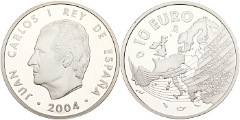 Испания 10 евро 2004 M, Расширение ЕС KM 1099 серебро PROOF 06-266-32