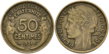Франция 50 сантимов 1931 KM 894.1, Le Franc 192.15 алюминиевая бронза 4596-737