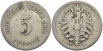ГЕРМАНИЯ 5 ПФЕННИГОВ 1875 J, СТАРОГЕРБОВКА KM 3, Jager 3, Weege 5 медно-никель 4546-1036
