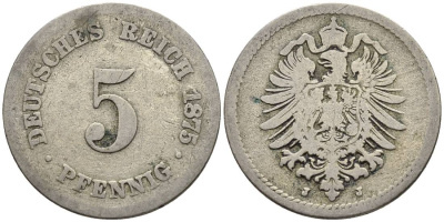 ГЕРМАНИЯ 5 ПФЕННИГОВ 1875 J, СТАРОГЕРБОВКА KM 3, Jager 3, Weege 5 медно-никель 4546-1036