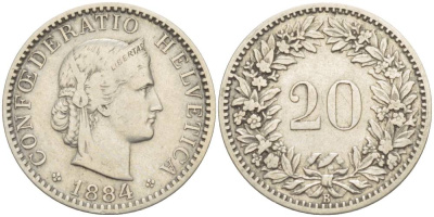 ШВЕЙЦАРИЯ 20 РАППЕНОВ 1884 KM 29а медно-никель 4544-334