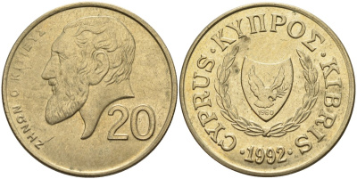 Кипр 20 центов 1992 KM 62.2 никель латунь 4140-824