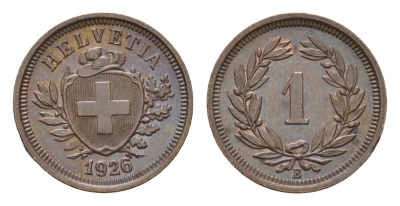 Швейцария 1 раппен 1926 B KM 3.2 бронза aUNC 1528-131