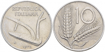 ИТАЛИЯ 10 ЛИР 1972 R, КОЛОСЬЯ, ПЛУГ KM 93 алюминий 77-851