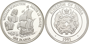 Тонга 1 паанга 1991 Виллем Схаутен (1567-1625) и Якоб Лемер (1585-1616), кругосветное путешествие в 1615-1616 годах KM 141 серебро PROOF 11-236-22