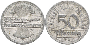 ГЕРМАНИЯ 50 ПФЕННИГОВ 1922 G KM 27, J. 301, Weege 10 алюминий 4551-1225