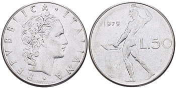 ИТАЛИЯ 50 ЛИР 1979 R, КУЗНЕЦ KM 95.1 нержавеющая сталь 89-1435