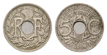 Франция 5 сантимов 1919 KM 865, Le Franc 121.3 медно-никель 4630-227