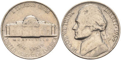 США 5 центов 1964 Джефферсон KM А192 медно-никель 4126-925
