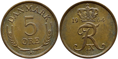 ДАНИЯ 5 ЭРЕ 1964 C; S, ФРЕДЕРИК IX (1947-1972) KM 848.1 бронза 4398-846