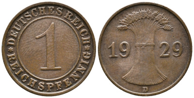 ГЕРМАНИЯ 1 РЕЙХСПФЕННИГ 1929 D KM 37, J. 313 бронза 39-1032