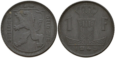 Бельгия 1 франк 1945 Belgie - Belgique, Леопольд III (1934-1947), германская оккупация, Вторая мировая война KM 128 цинк 4161-613