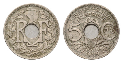 Франция 5 сантимов 1919 KM 865, Le Franc 121.3 медно-никель 4630-227