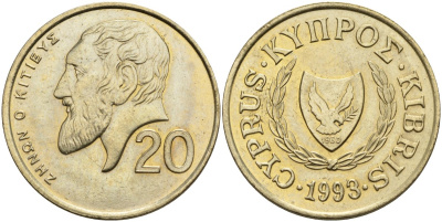 Кипр 20 центов 1993 KM 62.2 никель латунь 4140-834