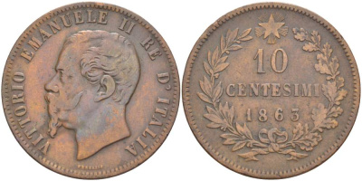ИТАЛИЯ 10 ЧЕНТЕЗИМО 1863 МОНДВОР ПАРИЖ, ВИКТОР ЭММАНУИЛ II (1861-1878) KM 11.2 медь 4526-725