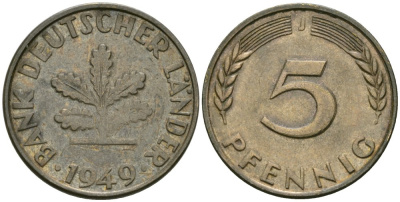 ФРГ 5 пфеннигов 1949 J KM 102, J.377 сталь плакированная латунью 4576-1021