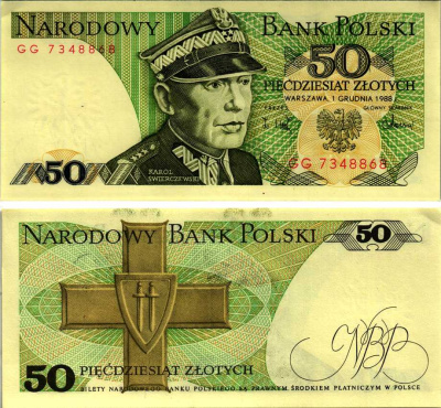 Польша 50 злотых 1988 Кароль Сверчевский, знак Грюнвальдского ордена Pick 142 c бумага аUNC 8607-71-1-2