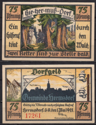 Германия, Хермсдорф 75 пфеннигов 1921 DeNG 2 600.1 4/4 бумага 7555-43-3-1