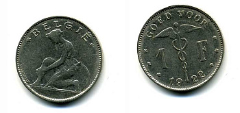 БЕЛЬГИЯ 1 ФРАНК 1922 BELGIE KM 90 никель 58-1225
