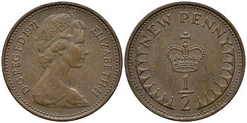 Великобритания 1/2 пенни 1971 Елизавета II (1952-2022) KM 914, Spink 4239 бронза 99-427