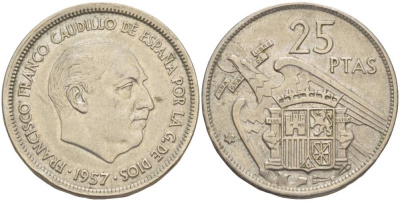 ИСПАНИЯ 25 ПЕСЕТ 1957 (69) ФРАНСИСКО ФРАНКО ДИКТАТОР ИСПАНИИ (1939-1975) KM 787 медно-никель 4551-956