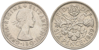 Великобритания 6 пенсов 1959 Елизавета II (1952-2022) KM 903, Spink 4149 медно-никель 4588-1238