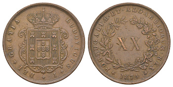Португалия 20 реалов 1874 Луиш I (1861-1889) KM 515 бронза 4127-744