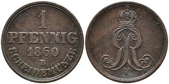 ГАННОВЕР 1 ПФЕННИГ 1860 В, ГЕОРГ V (1851-1866) KM 233 медь 4448-1034